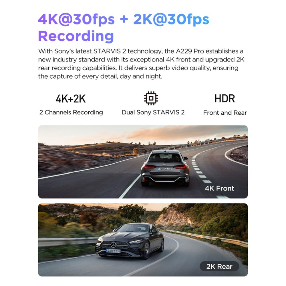 VIOFO DASHCAM A229 PRO 4K FRONT + 2K REAR 5GHZ WIFI + GPS - A229-PRO-2CH