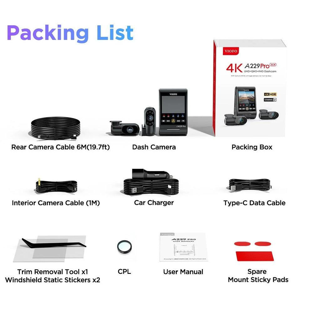 VIOFO DASHCAM A229 PRO 4K FRONT + 2K INTERNAL + 2K REAR 5GHZ WIFI + GPS - A229-PRO-3CH-IR