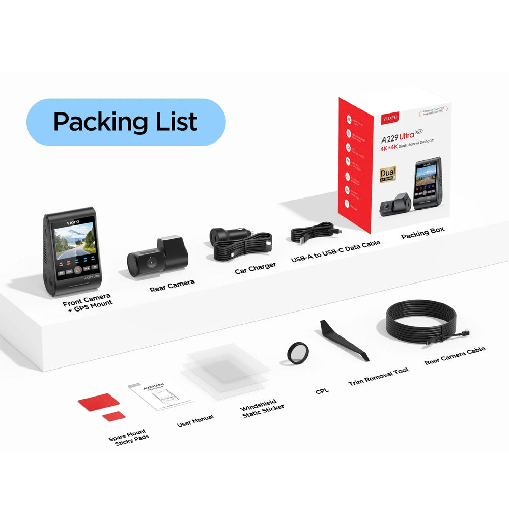 VIOFO DASHCAM A229 ULTRA 4K FRONT + 4K REAR 5GHZ WIFI + GPS - A229-ULTRA-2CH