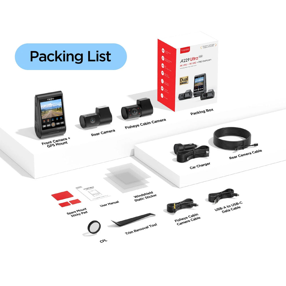 VIOFO DASHCAM A229 ULTRA 4K FRONT + 4K REAR + 1080P INTERNAL 5GHZ WIFI + GPS - A229-ULTRA-3CH