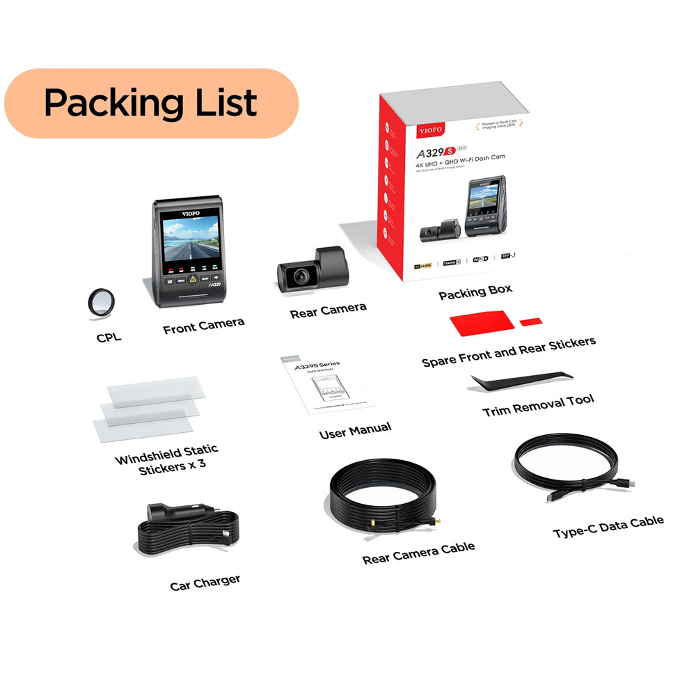 VIOFO DASHCAM A329 4K FRONT 2K REAR CHANNEL WIFI 6 GPS - A329S-2CH