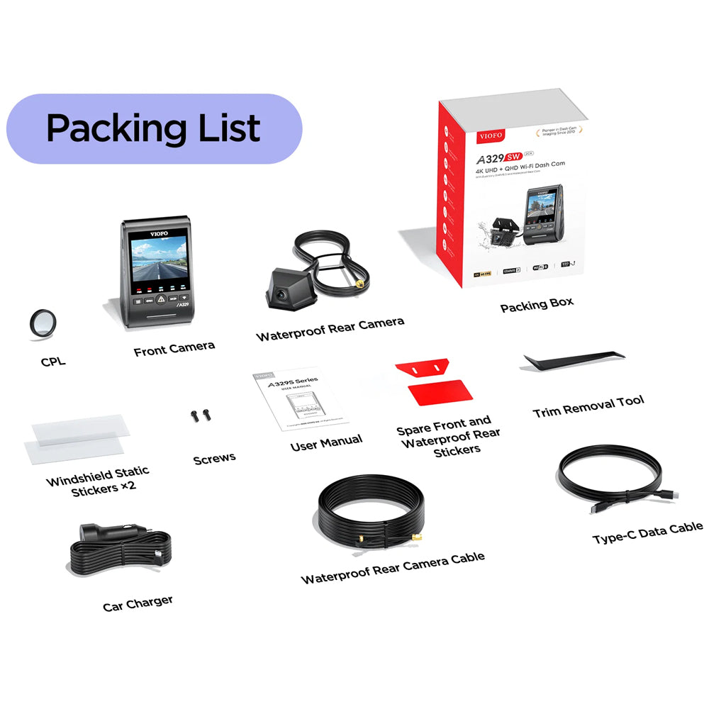 VIOFO DASHCAM A329 4K FRONT + 2K WATERPROOF REAR WIFI 6 GPS - A329SW-2CH