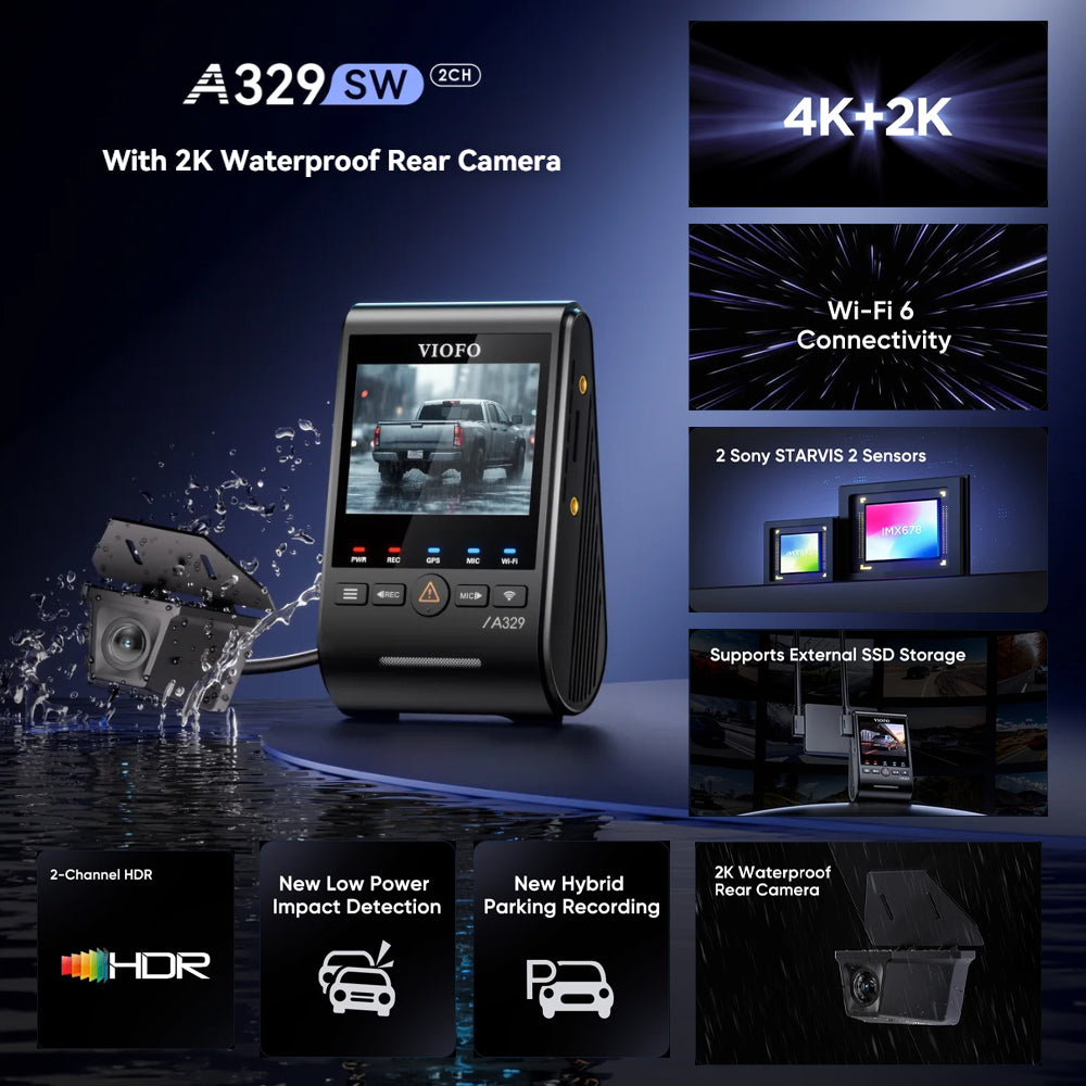 VIOFO DASHCAM A329 4K FRONT + 2K WATERPROOF REAR WIFI 6 GPS - A329SW-2CH