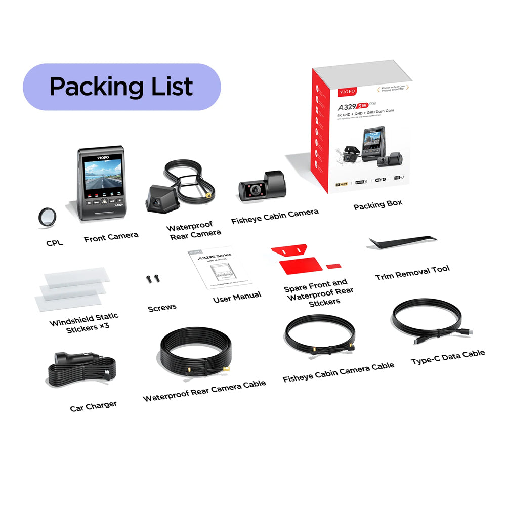 VIOFO DASHCAM A329 4K FRONT + 2K FISHEYE INTERNAL + 2K WATERPROOF REAR WIFI 6 GPS - A329SW-3CH