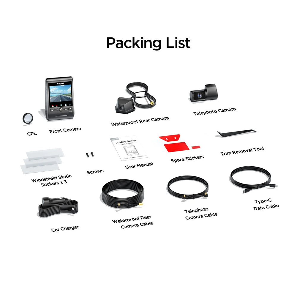 VIOFO DASHCAM A329 4K FRONT + 2K TELEPHOTO + 2K WATERPROOF REAR WIFI 6 GPS - A329TW-3CH