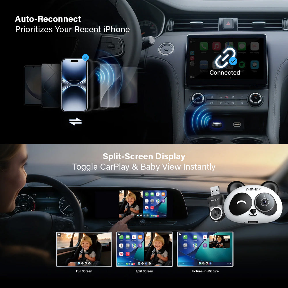 OTTOCAST CARPLAY & ANDROID AUTO TO WIRELESS USB ADAPTER WITH BABY CAMERA - CA520-T