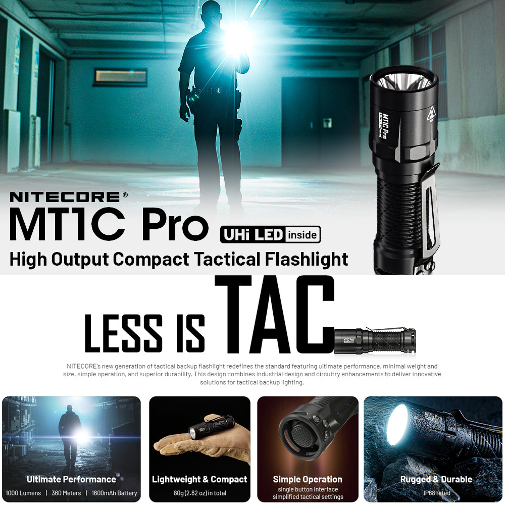 NITECORE MT1C PRO 1000 LUMEN IP68 EDC TORCH 505 YARDS THROW - MT1CPRO