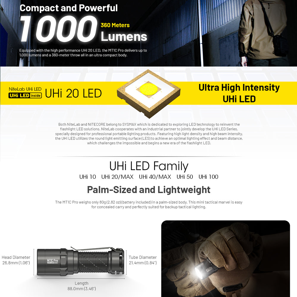 NITECORE MT1C PRO 1000 LUMEN IP68 EDC TORCH 505 YARDS THROW - MT1CPRO
