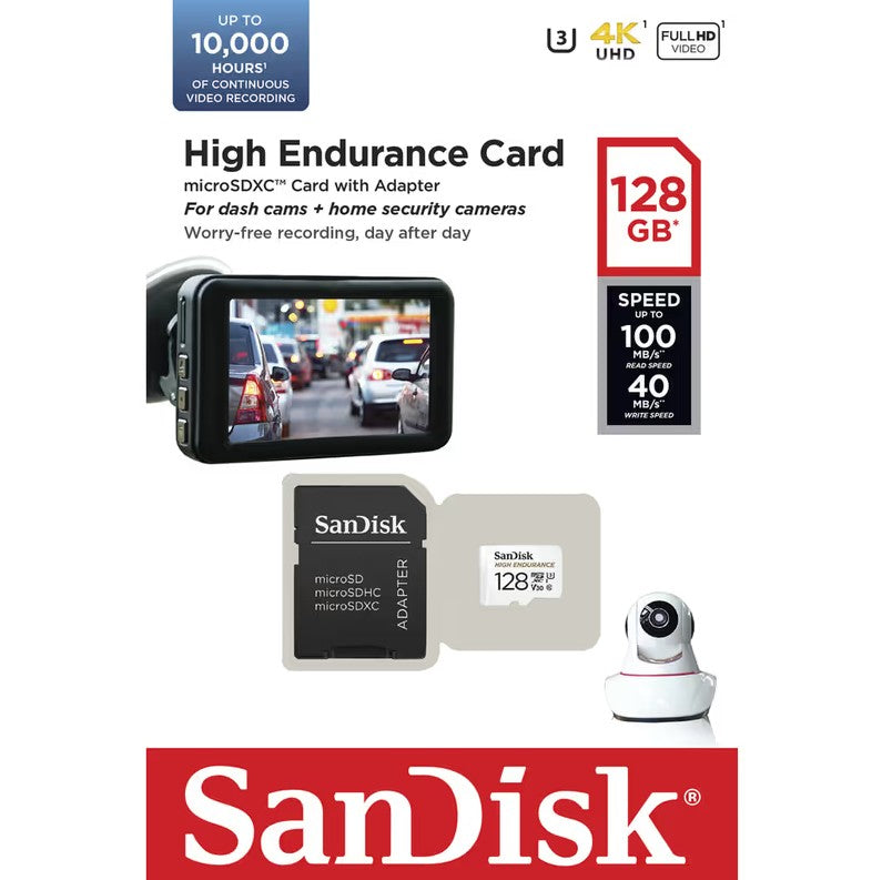 SANDISK HIGH ENDURANCE MICRO SDXC 128GB (10,000HRS) C10 V30 R100MB/S | W40MB/S FOR DASH CAMERAS - SDSQQNR-128G-GN6IA