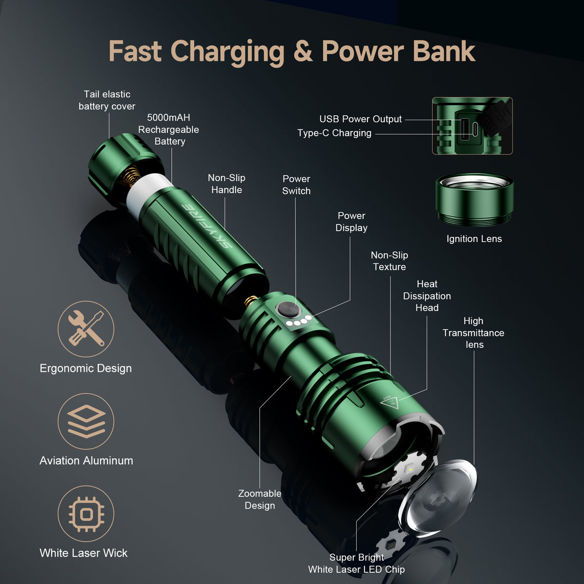 SKYFIRE 1376J FLASHLIGHT TORCH IP54 1387 LUMENS GREEN - SF-SD-1376J-G