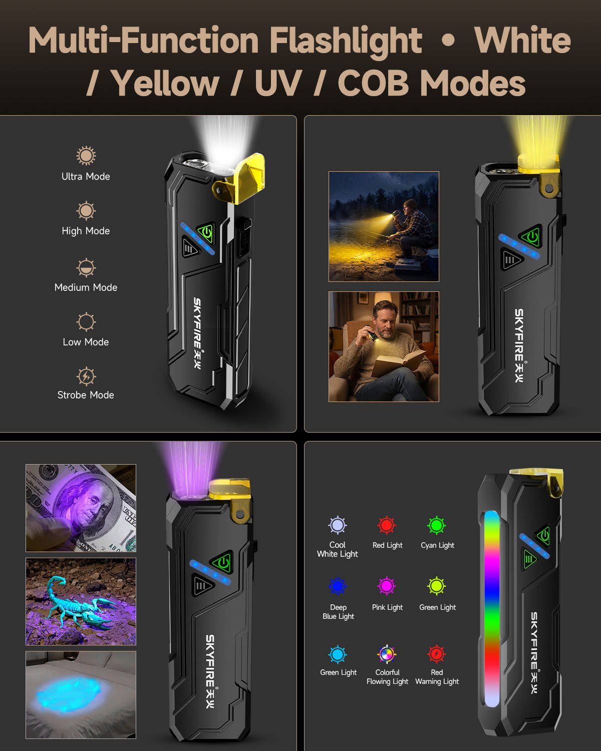 SKYFIRE 2191 FLASHLIGHT TORCH IP54 942 LUMENS WITH UV / RGB - SF-SD-2191
