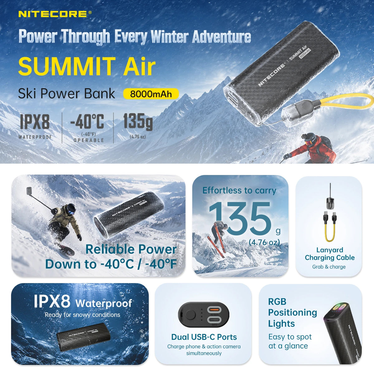 NITECORE 8000MAH POWER BANK LOW TEMP RESISTANT IPX8 WATERPROOF - SUMMIT AIR
