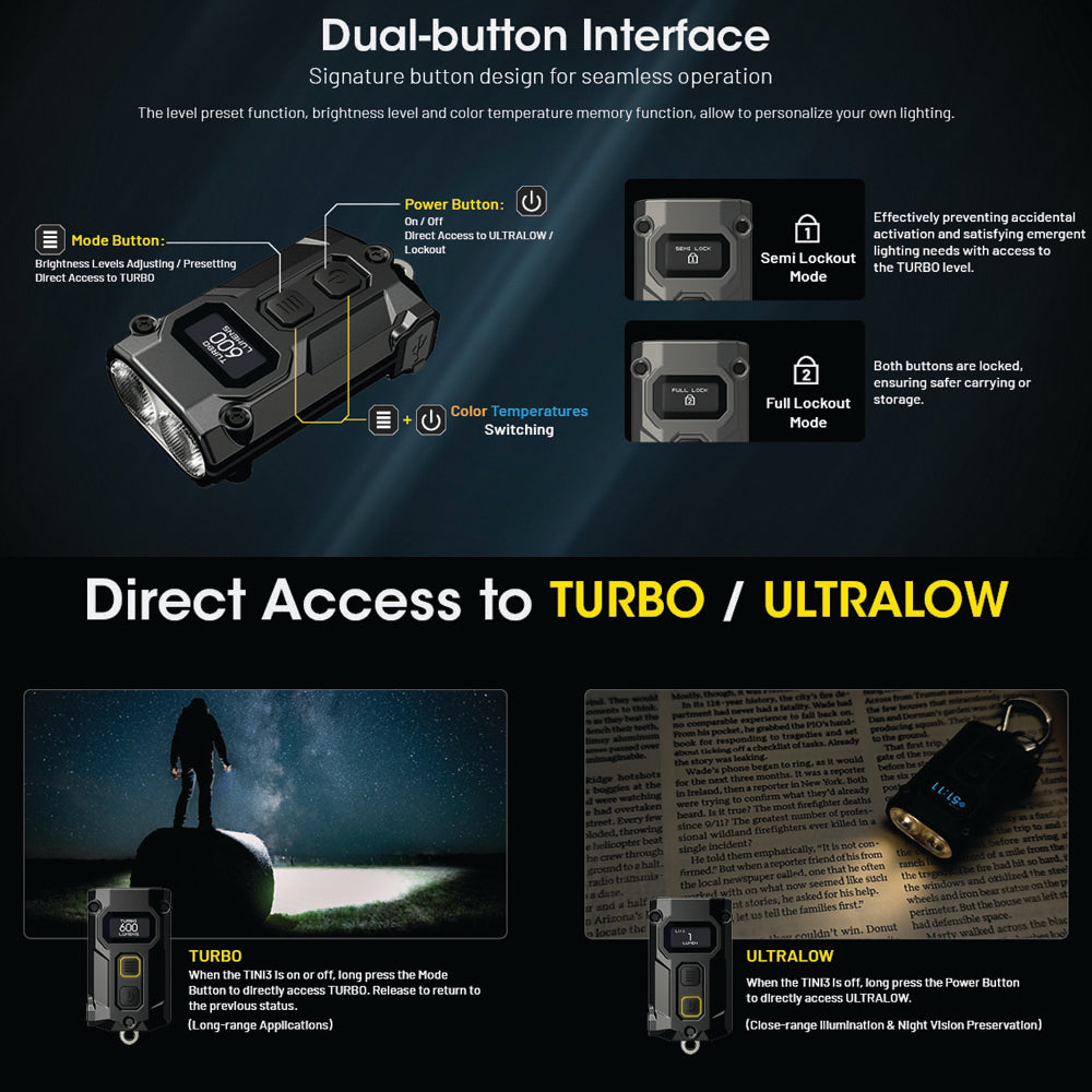 NITECORE 600 LUMEN USB-C RECHARGEABLE KEYCHAIN TORCH BLACK - TINI3-B