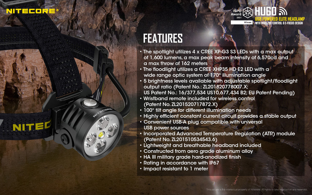 NITECORE FOCUSABLE HEADLAMP FOR RUNNING BIKING OUTDOORS SEARCH CAMPING - HU60