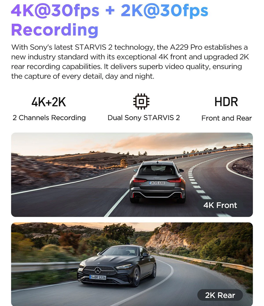 VIOFO DASHCAM A229 PRO 4K FRONT + 2K INTERNAL 5GHZ WIFI + GPS - A229-PRO-2CH-IR