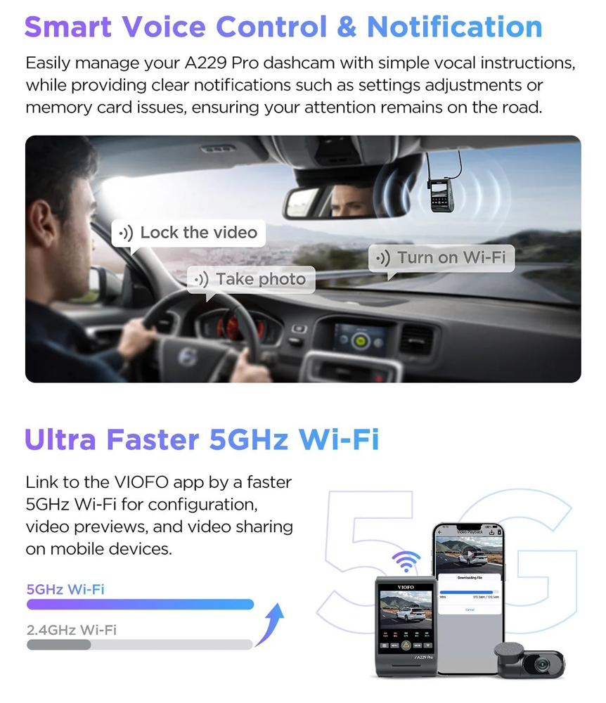 VIOFO DASHCAM A229 PRO 4K FRONT + 2K INTERNAL 5GHZ WIFI + GPS - A229-PRO-2CH-IR