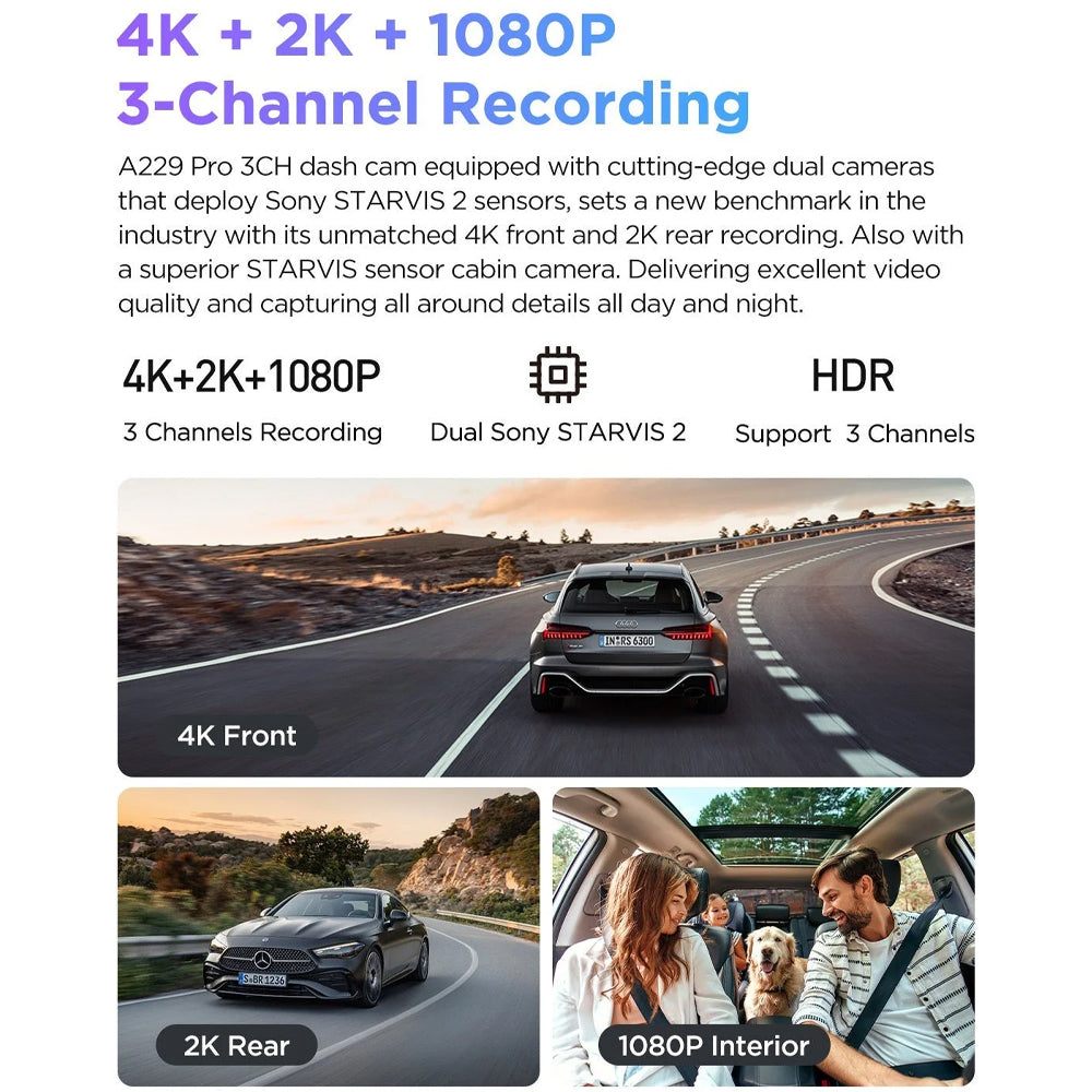 VIOFO DASHCAM A229 PRO 4K FRONT + 2K INTERNAL + 2K REAR 5GHZ WIFI + GPS - A229-PRO-3CH-IR