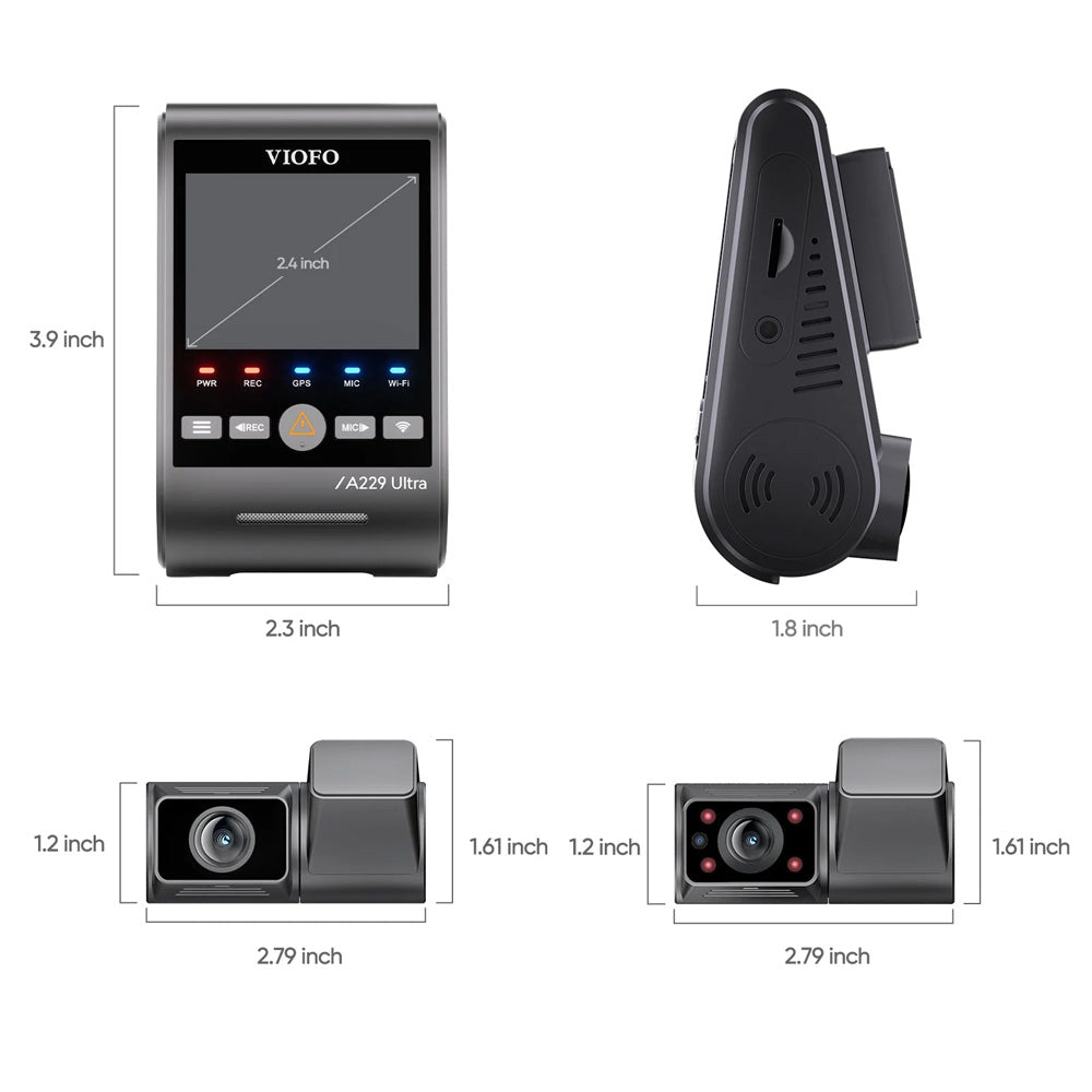 VIOFO DASHCAM A229 ULTRA 4K FRONT + 4K REAR + 1080P INTERNAL 5GHZ WIFI + GPS - A229-ULTRA-3CH