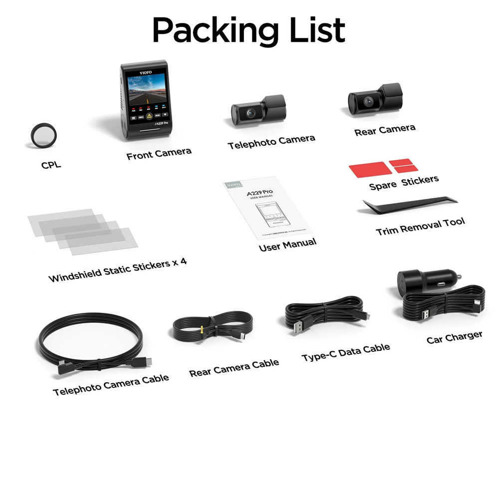 VIOFO DASHCAM A229 PRO 4K FRONT + 2K REAR + 2K TELEPHOTO 5GHZ WIFI + GPS - A229T-PRO-3CH