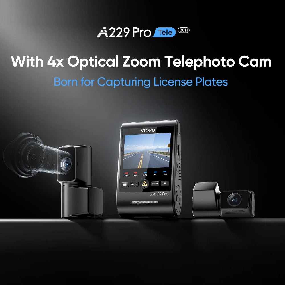 VIOFO DASHCAM A229 PRO 4K FRONT + 2K REAR + 2K TELEPHOTO 5GHZ WIFI + GPS - A229T-PRO-3CH