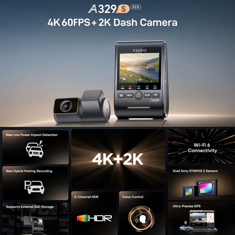 VIOFO DASHCAM A329 4K FRONT 2K REAR CHANNEL WIFI 6 GPS - A329S-2CH