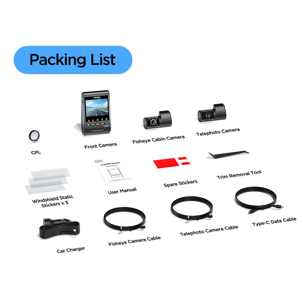 VIOFO DASHCAM A329 4K FRONT + 2K TELEPHOTO + 2K INTERNAL REAR WIFI 6 GPS - A329TC-3CH