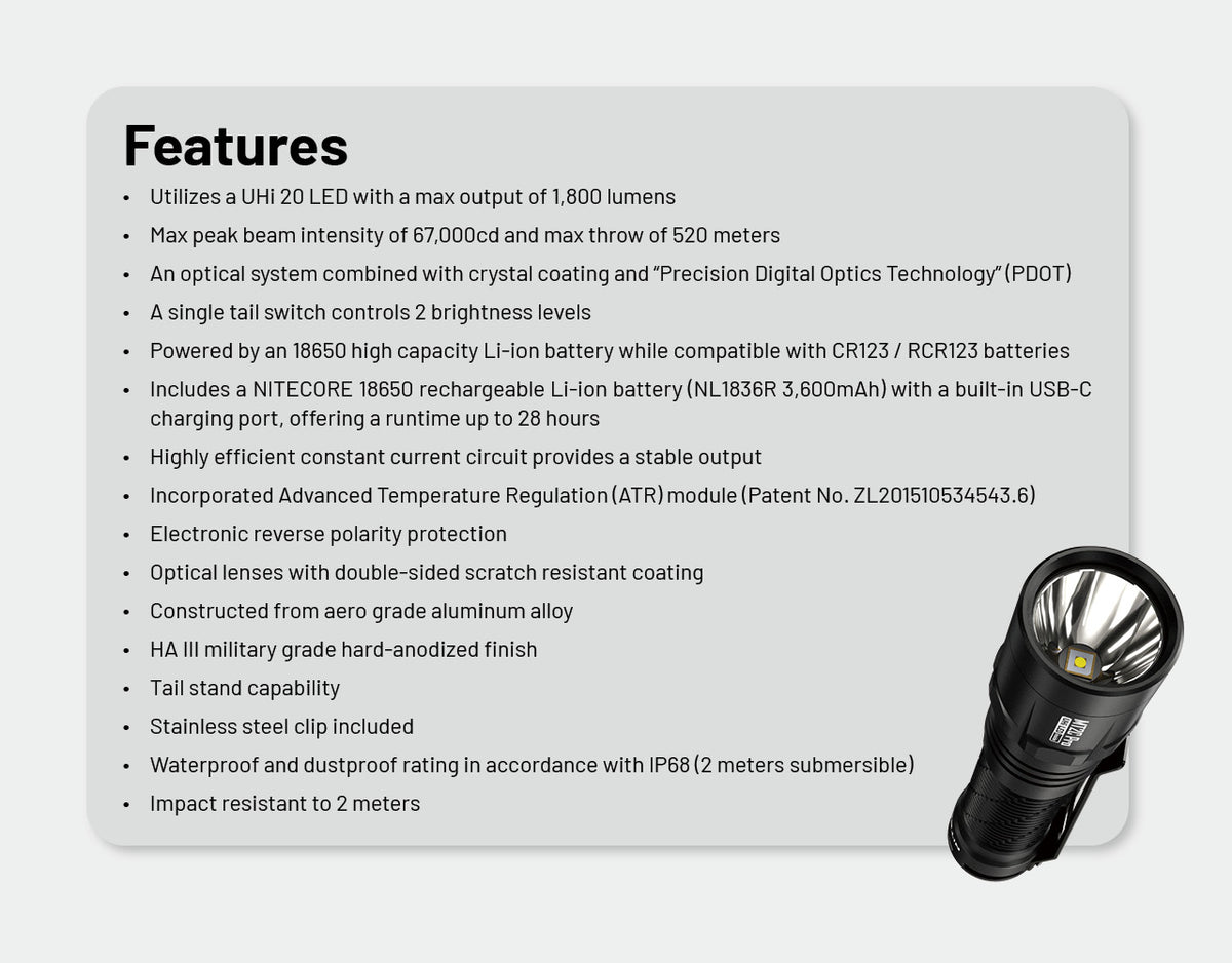 NITECORE MT2C PRO 1800 LUMENS USB RECHARGEABLE ULTRA LIGHTWEIGHT TACTICAL TORCH - MT2C-PRO