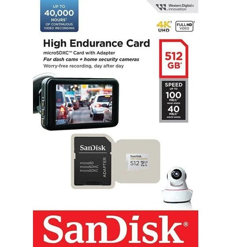 SANDISK HIGH ENDURANCE MICRO SDXC 512GB (40,000HRS) C10 V30 R100MB/S | W40MB/S FOR DASH CAMERAS - SDSQQNR-512G-GN6IA