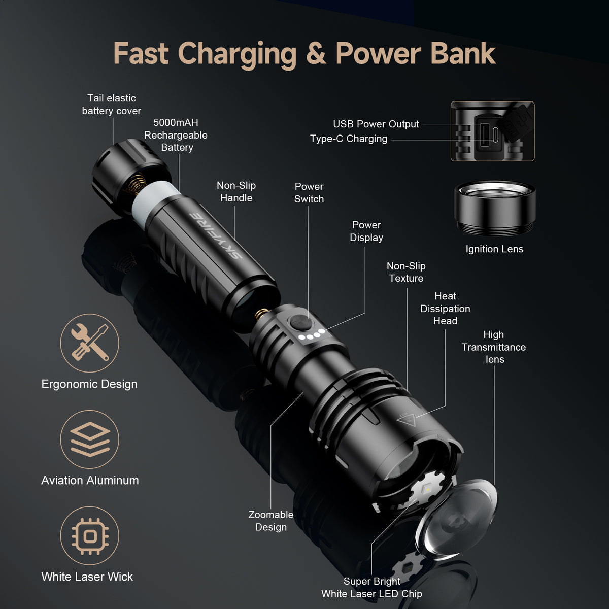 SKYFIRE 1376J FLASHLIGHT TORCH IP54 1387 LUMENS BLACK - SF-SD-1376J-B