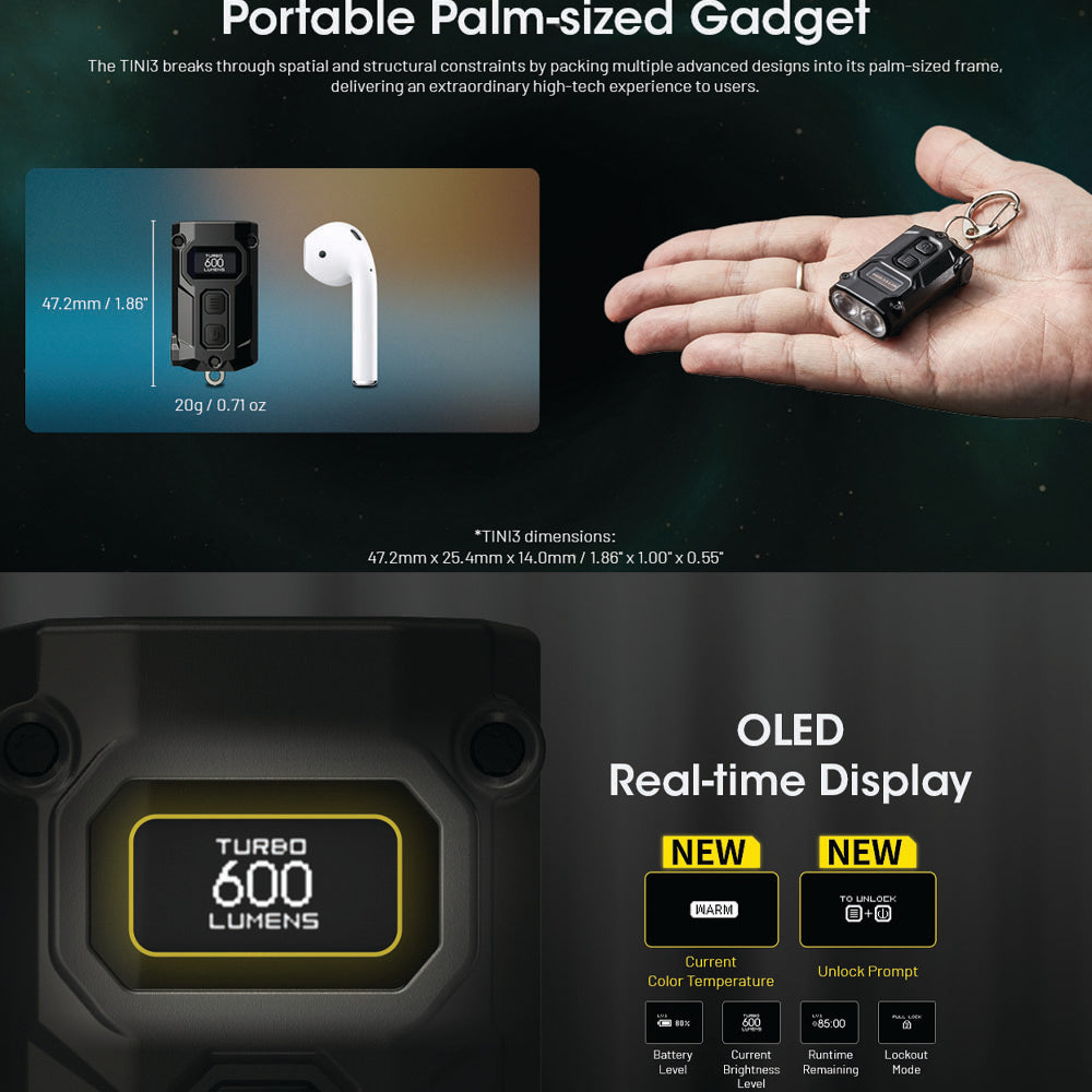NITECORE 600 LUMEN USB-C RECHARGEABLE KEYCHAIN TORCH BLACK - TINI3-B