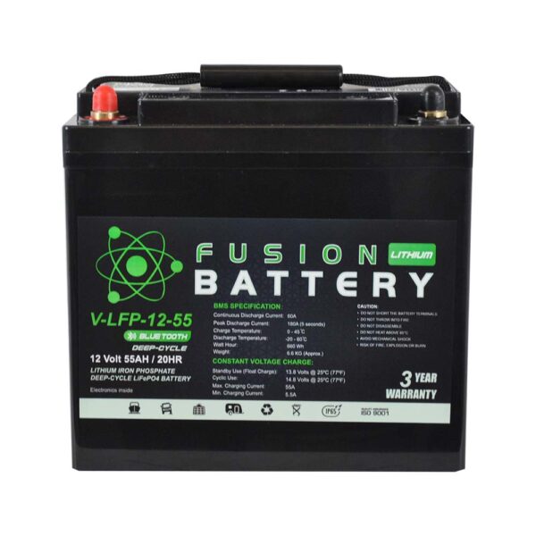 DEEP CYCLE BATTERY LITHIUM 12V 55AH 70A BMS WITH BLUETOOTH FUSION - V-LFP-12-55