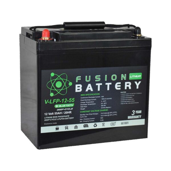 DEEP CYCLE BATTERY LITHIUM 12V 55AH 70A BMS WITH BLUETOOTH FUSION - V-LFP-12-55