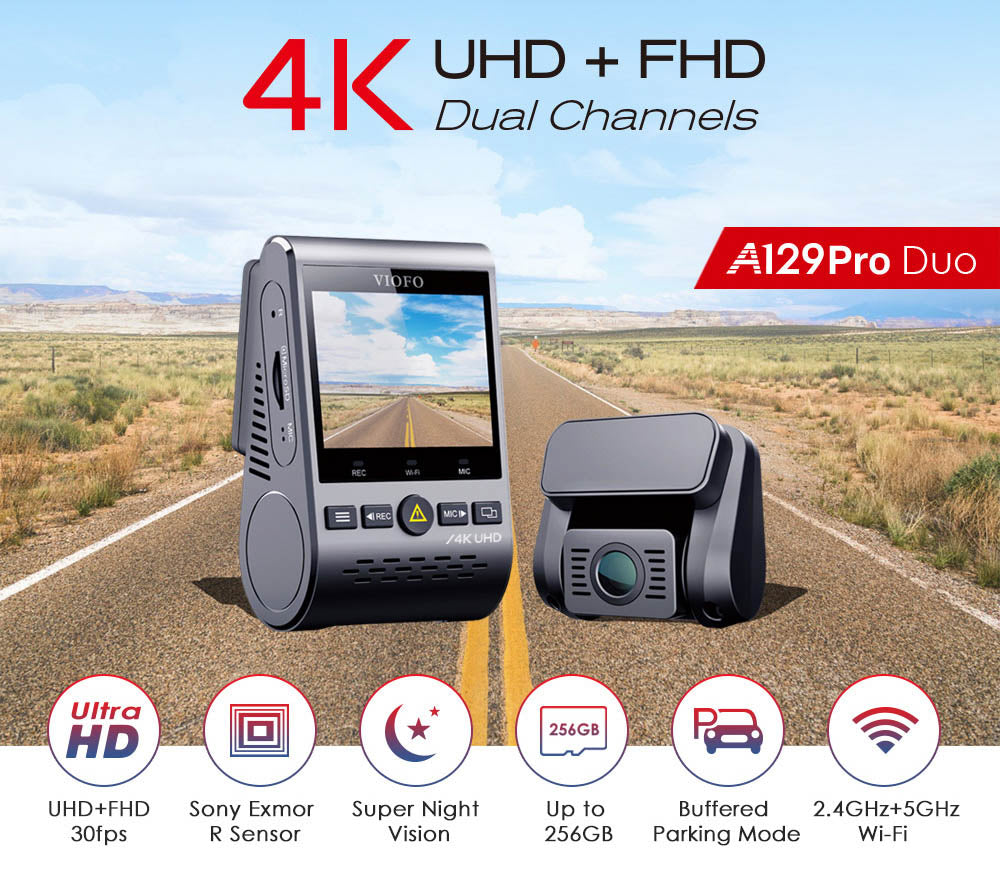 VIOFO DASHCAM 4K A129 PRO DUO FRONT + HD 1080P REAR DUAL WIFI GPS - A129PRODUO-G