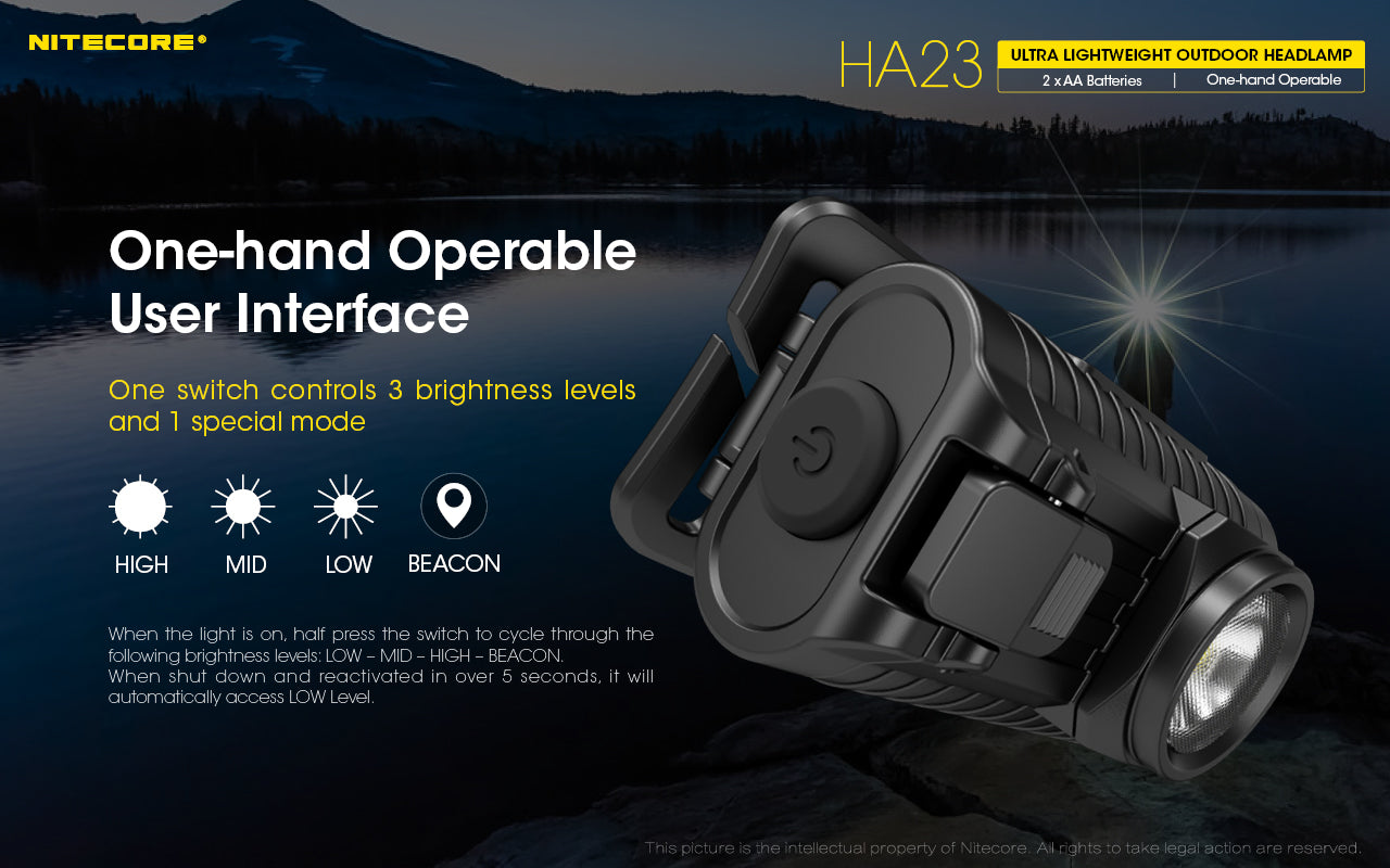 NITECORE HEADLAMP LIGHTWEIGHT LED UP TO 230 LUMENS MAX RUNTIME 130 HOURS - HA23