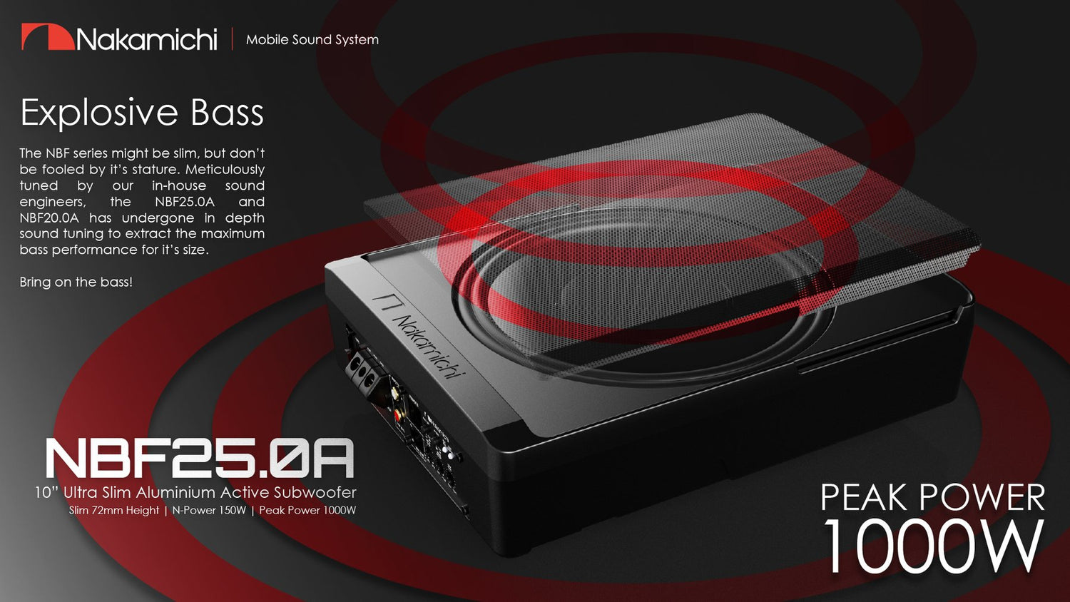 NAKAMICHI 10" UNDERSEAT ACTIVE SUBWOOFER FULL ALUMINUM - NBF25.0A