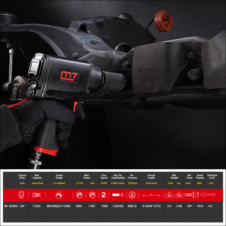 M7 AIR IMPACT WRENCH 3/4" DRIVE TWIN HAMMER QUIET 1200FT - NC-6236Q