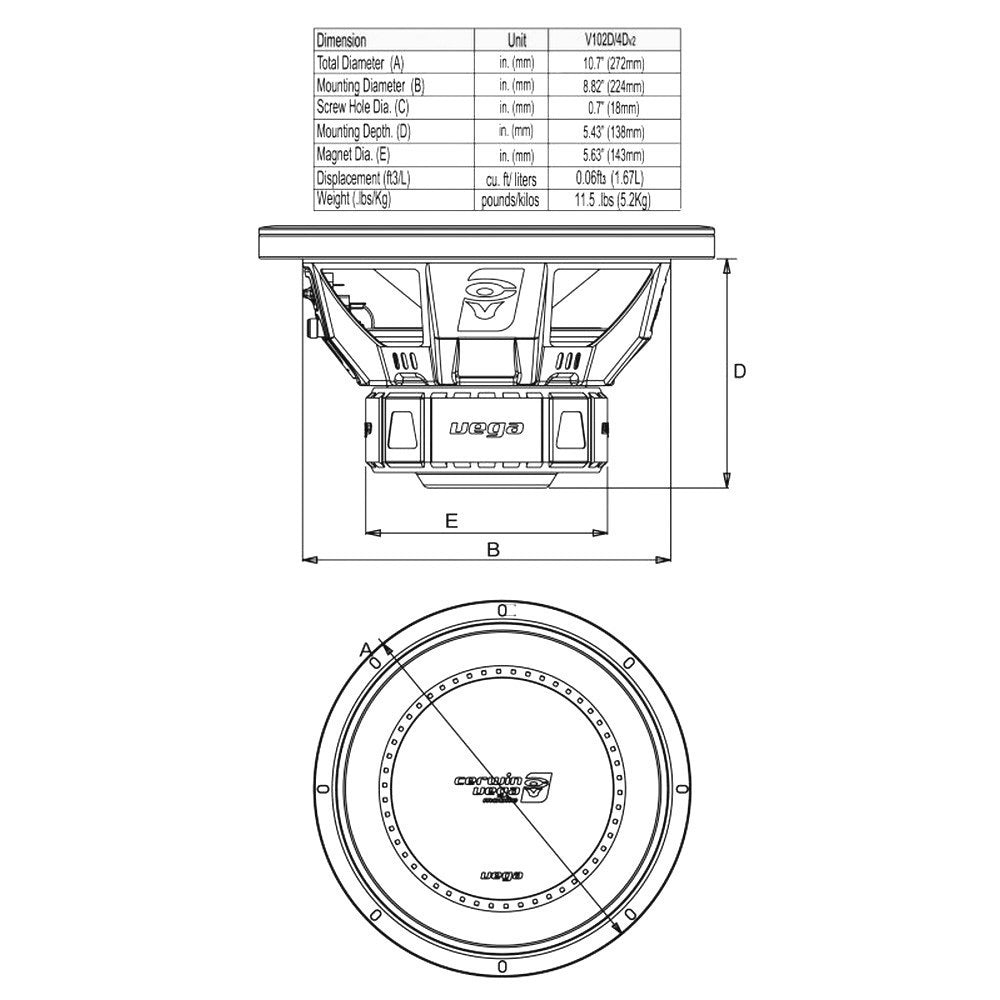 CERWIN VEGA 10" VEGA SERIES 4 OHM DVC SUBWOOFER 1100W - V104DV2