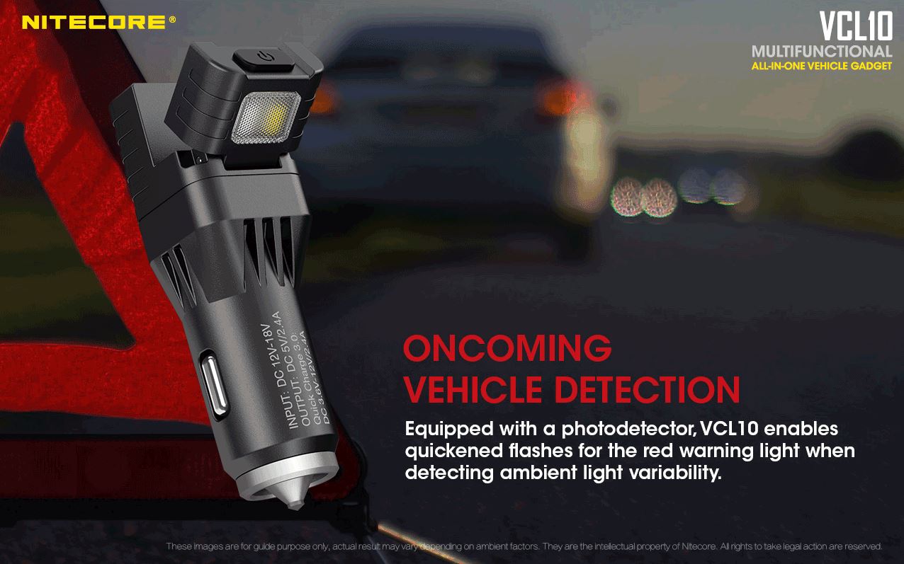 NITECORE QUICK CHARGE 3.0 USB CAR CHARGER WITH WHITE/RED FLASHLIGHT - VCL10